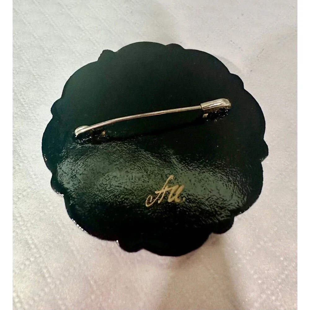 Vintage Authentic Russian Zhostovo Hand Painted Floral Lacquer Pin Brooch Black